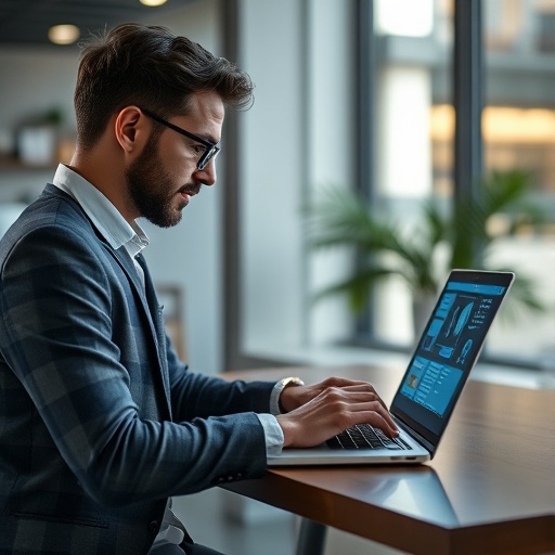 Business owner using a laptop with AI chatbot on screen