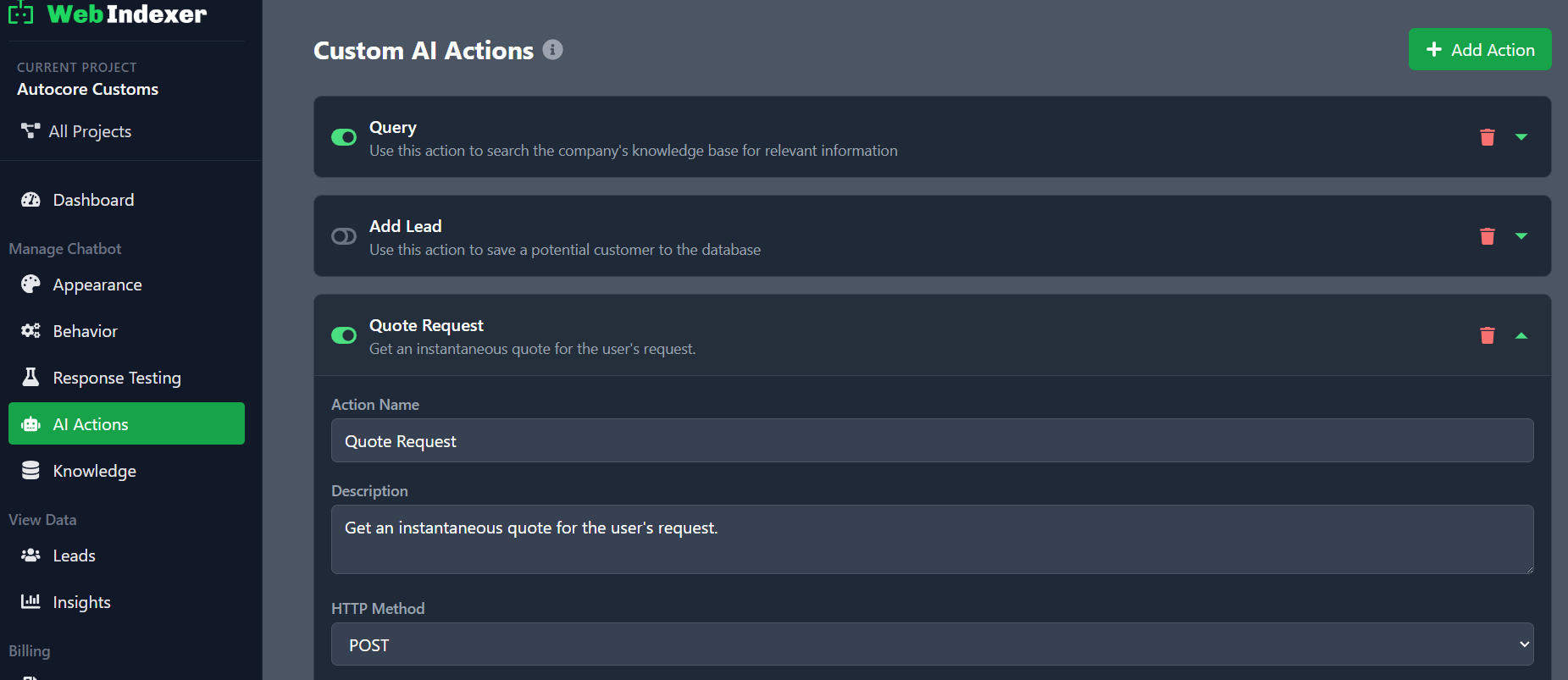 AI Actions interface showing advanced automation capabilities