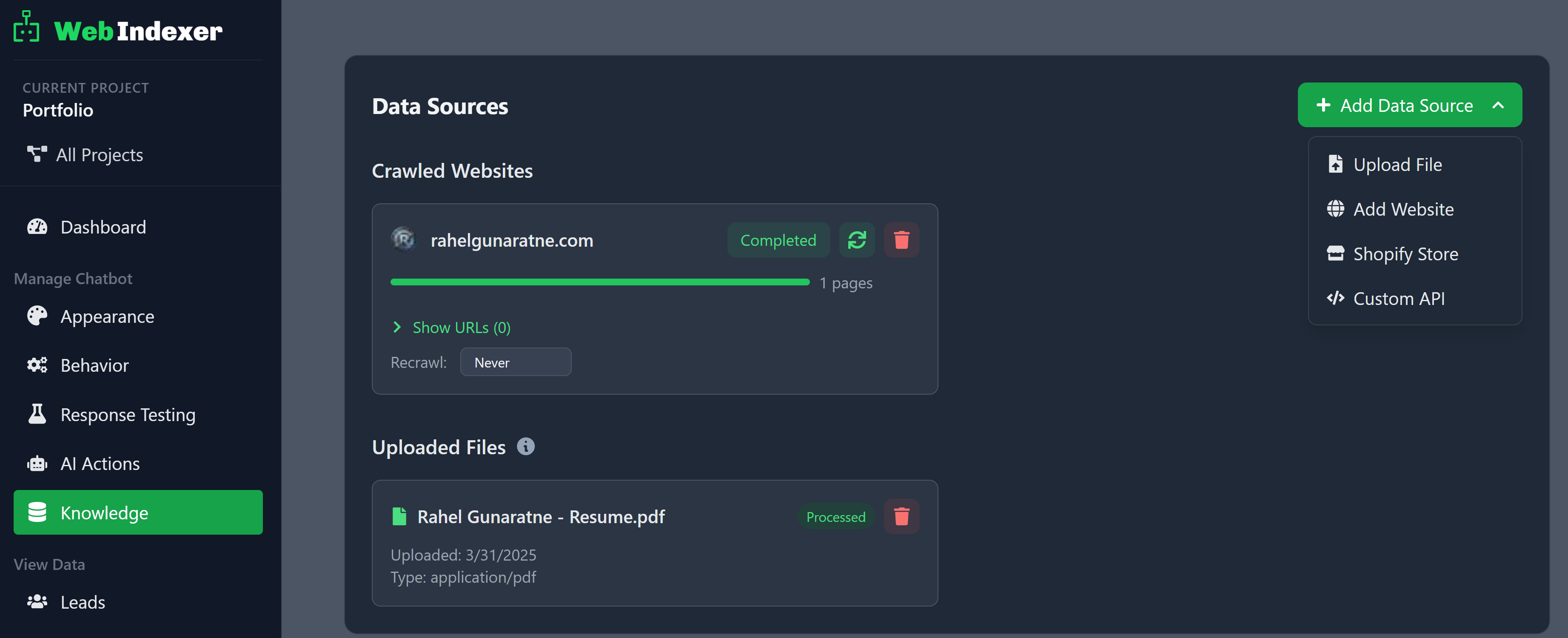 Knowledge Sources dashboard showing crawled websites and data sources