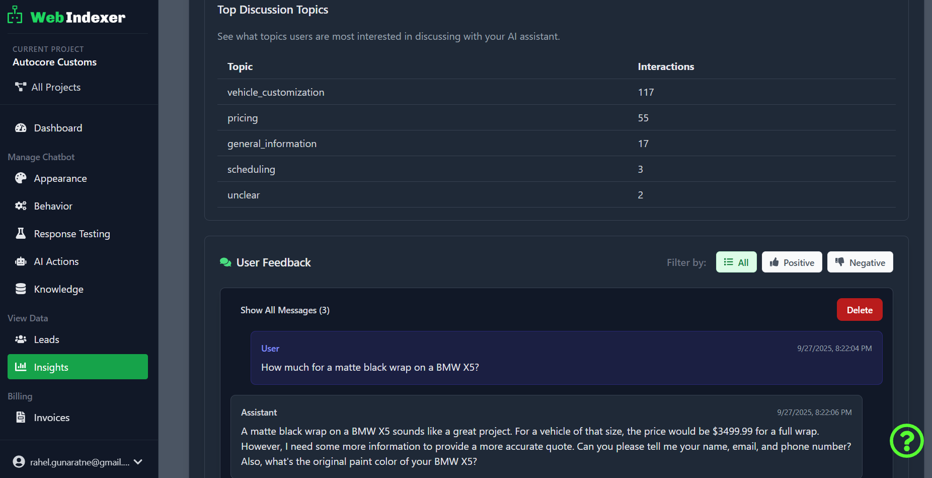 Insights dashboard showing conversation analytics and chat history