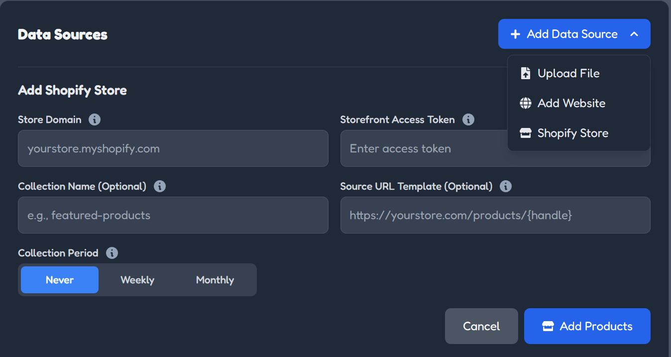 Add Shopify store as a data source