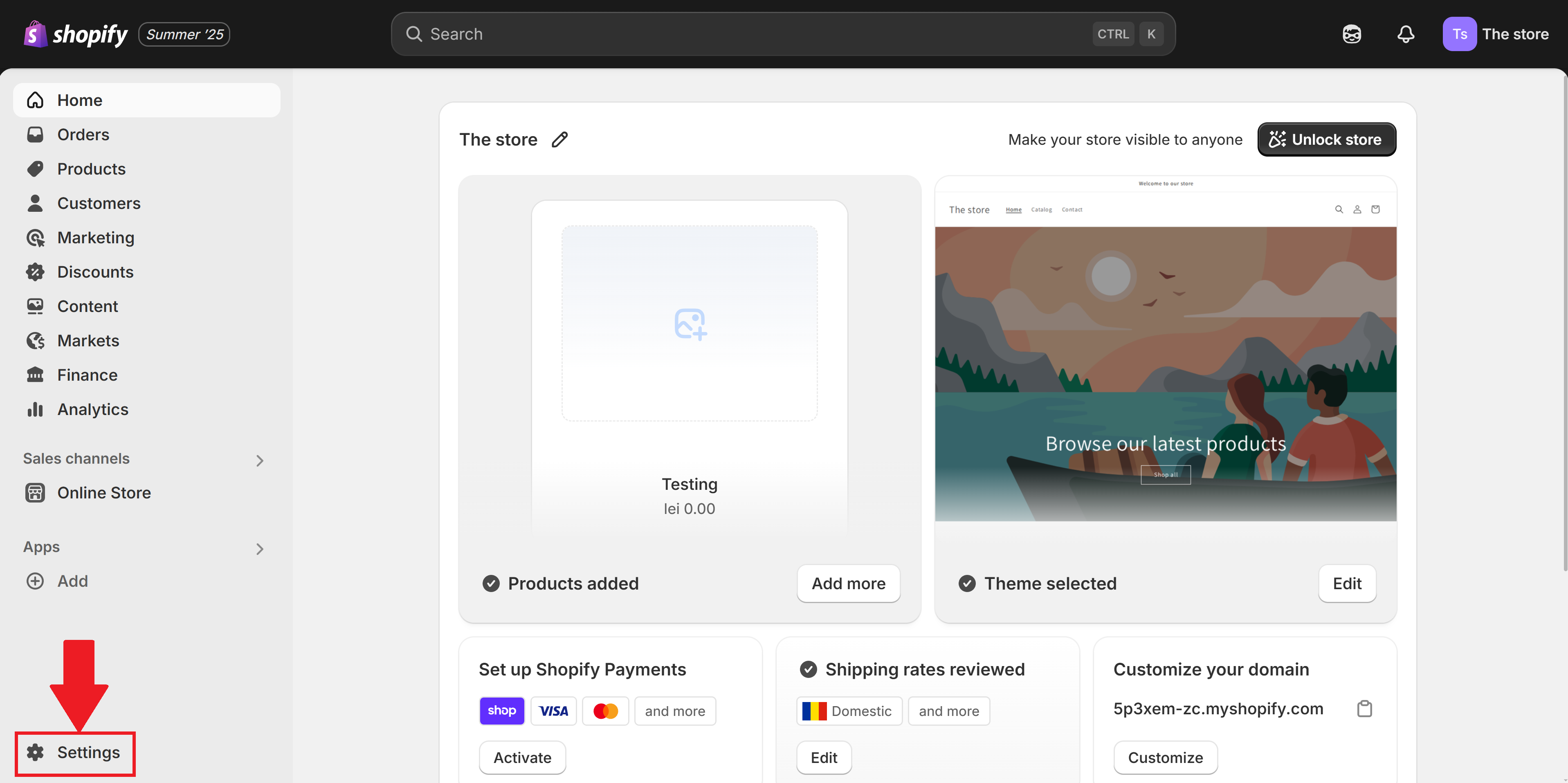 Click Settings in Shopify admin