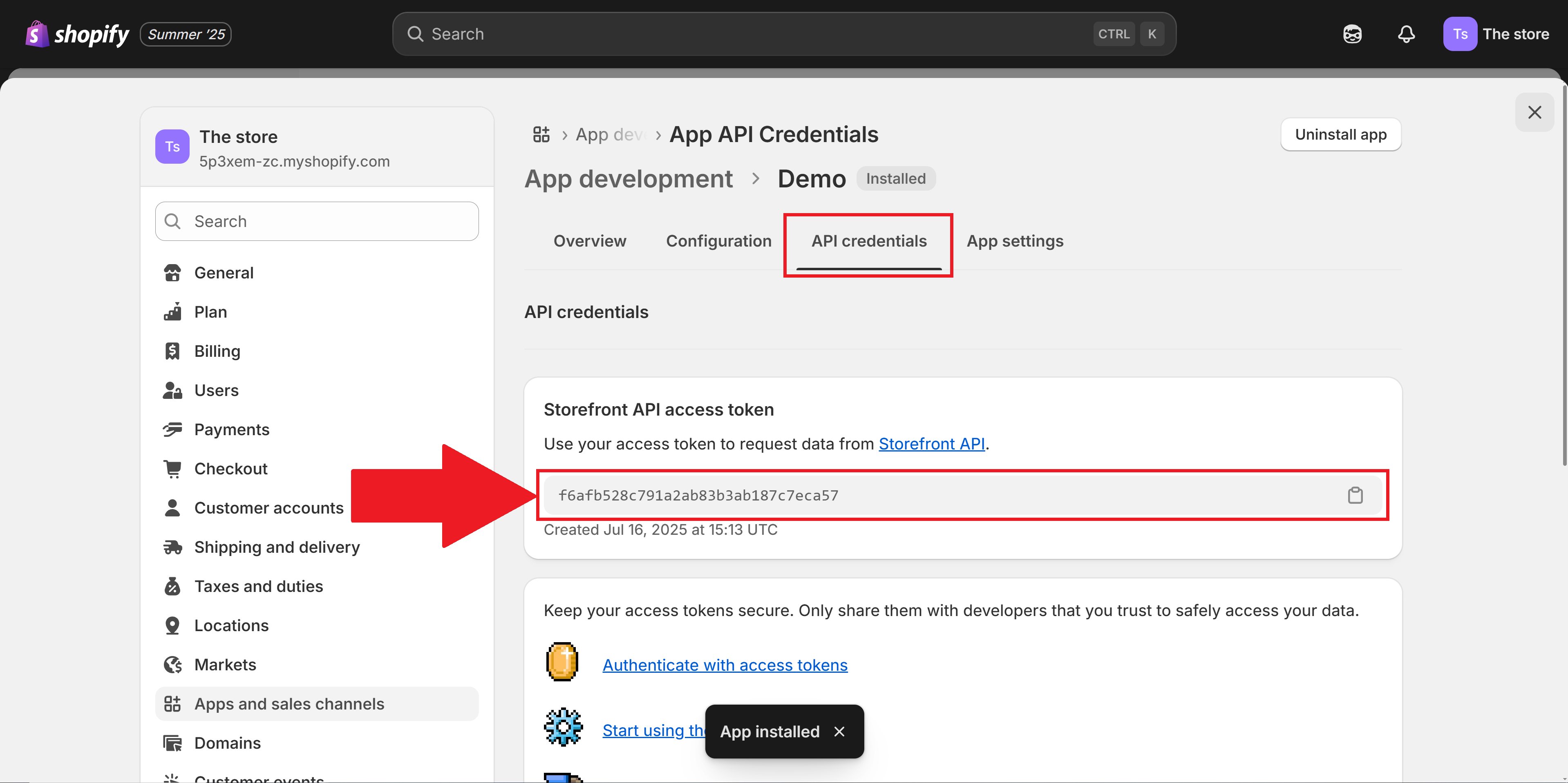Copy your Storefront API access token