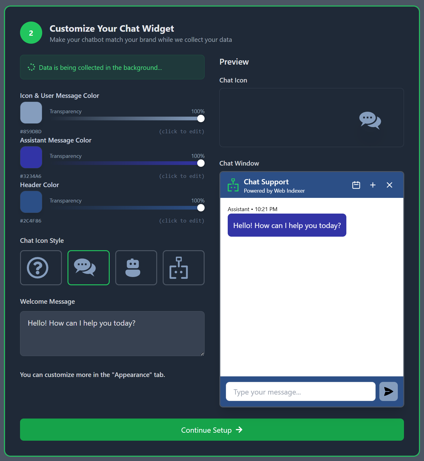 Step 2: Chat widget customization with color picker and icon selection