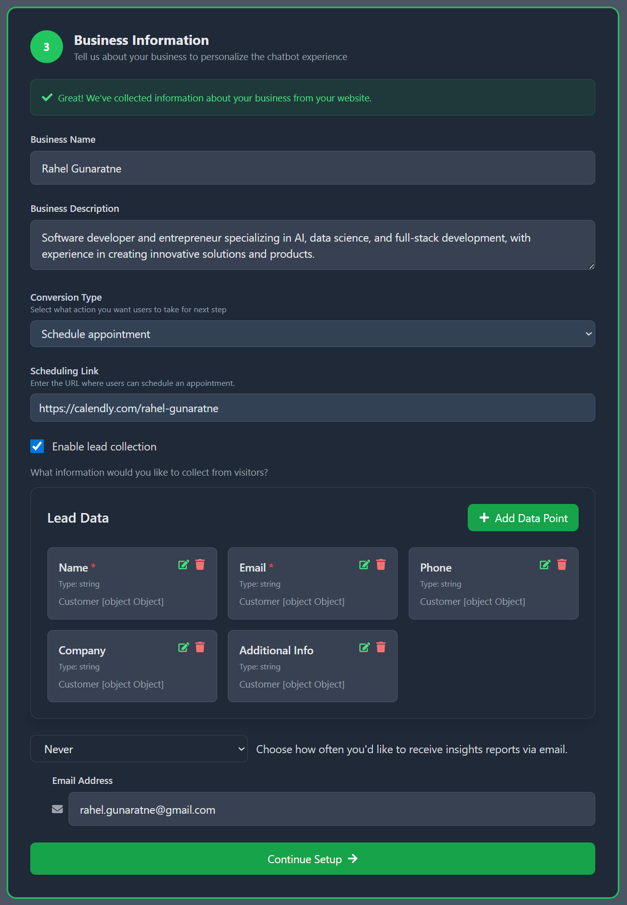 Step 3: Business information form with lead collection and insights settings
