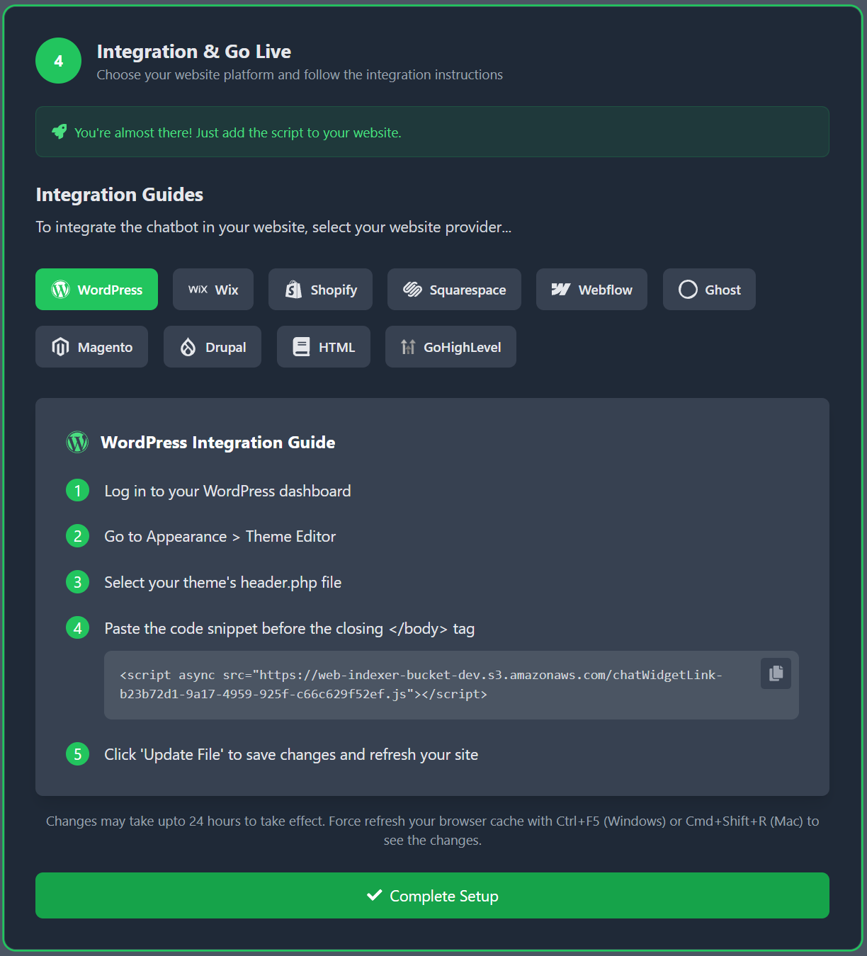 Step 4: Integration guides for different platforms like WordPress, Shopify, and custom HTML